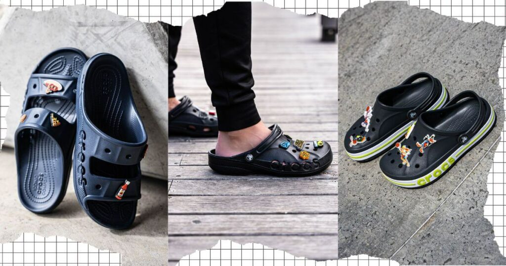 collage of Crocs footwear: sandals, clog and Bayaband clog