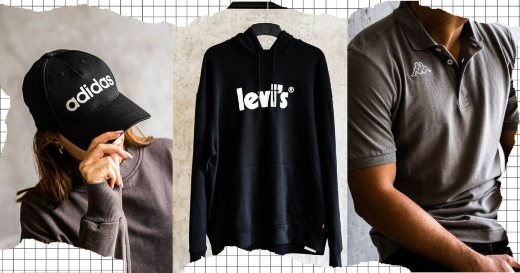 Collage of apparel: Adidas cap, Levis Hoodie & Kappa Golfer