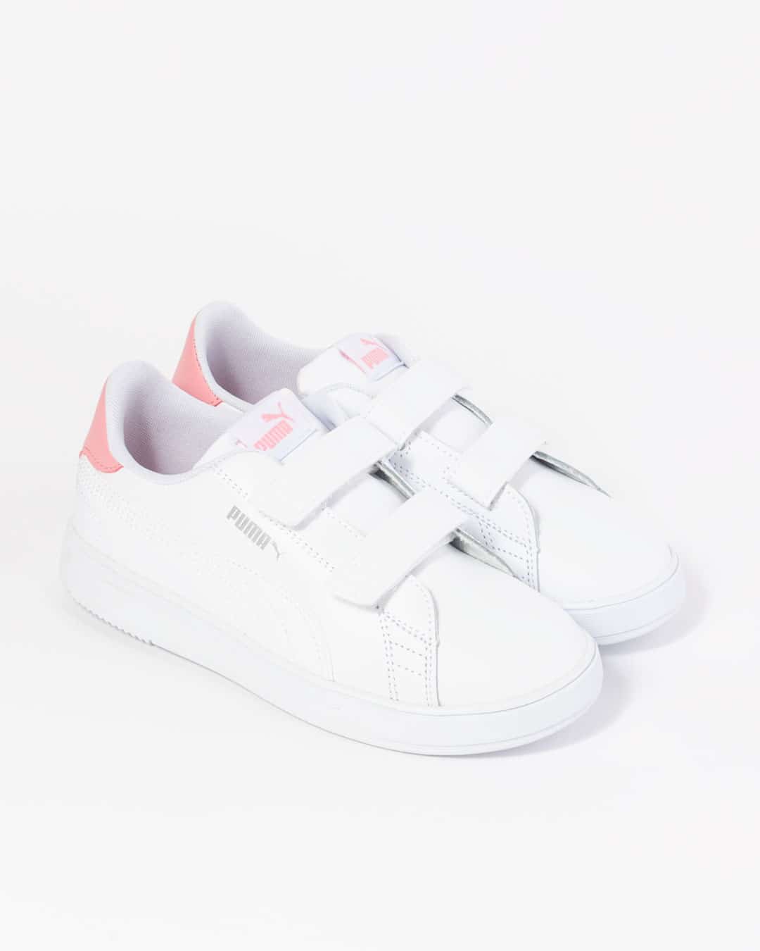 Puma Children's Sneaker White & Pink velcro straps angled shot