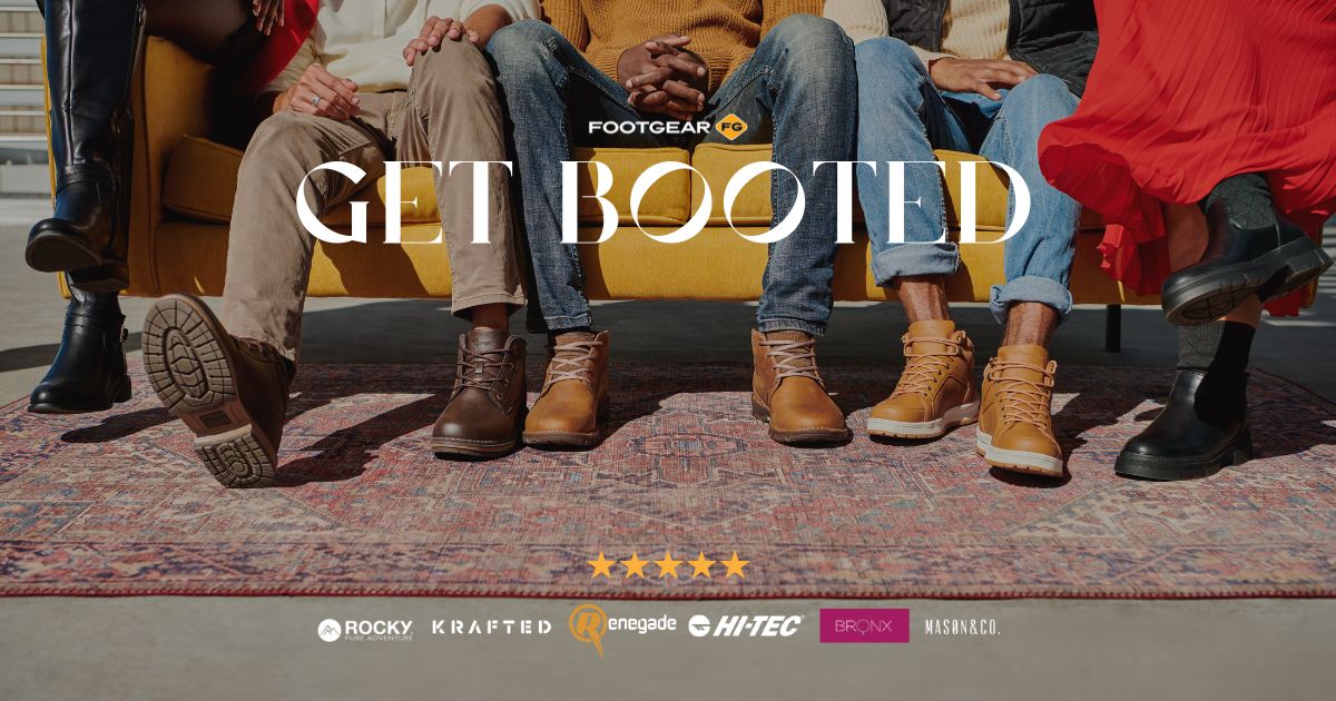 Shot of models wearing boots Copy says Get Booted