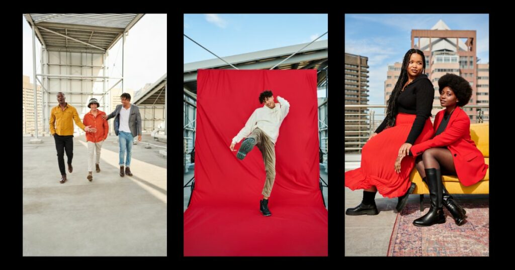 Collage of people left to right 3 men on top of a building walking, man with red background, two women wearing red seated on mustard couch.