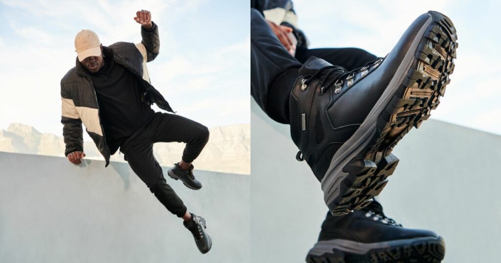 photo set of a man hanging on a ledge wearing hiking boots, close up of boots.
