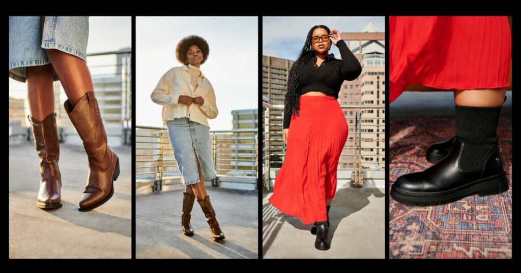 Collage of women left to right: woman wearing cowboy style boots, woman wearing shacket, denim skirt brown cowboy style boots, woman wearing red skirt , black top & black boots , close up of women wearing black boots and red skirts