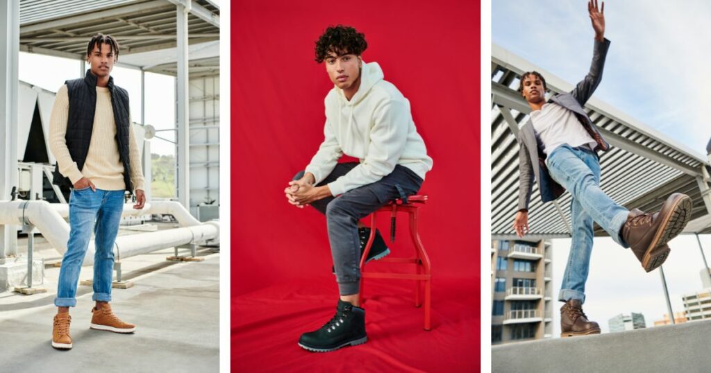 Collage of 3 men wearing boots, left to right man on top of a building, man seated on red chair red backdrop, man on ledge