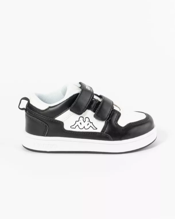 side profile of Kappa Infants Black & white sneakers with Kappa Logo on top velcro strap.