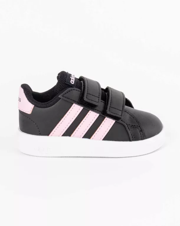 Side profile of infants adidas black sneakers with three pink stripes on upper, featuring the adidas logo in pink on tongue adidas black sneakers with three pink stripes on upper, featuring the adidas logo in pink on tongue & ,pink heel counter with adidas logo in black