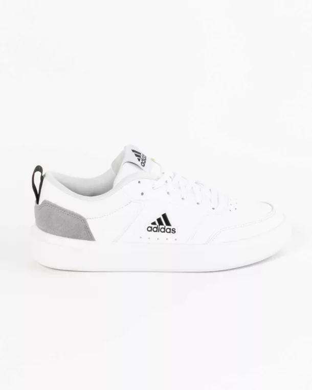 Mens white adidas with adidas logo on upper, grey vamp and pull tab on heel