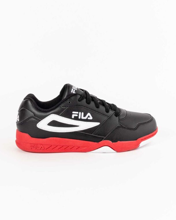side shot children's Fila sneakers in black with red soles and Fila logo in white on vamp