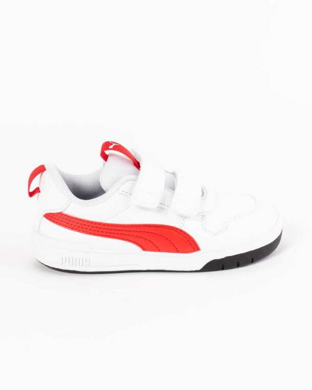 side shot of children's white puma sneakers with red paneling on upper.