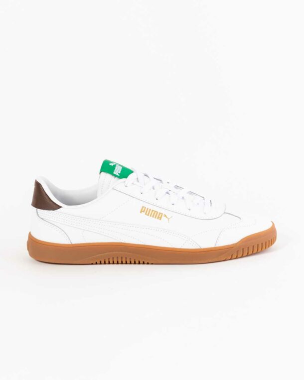 side profile of men's puma white sneakers with gum sole and brown paneling on heel and green paneling on tongue with Puma in white and Puma logo in gold on upper