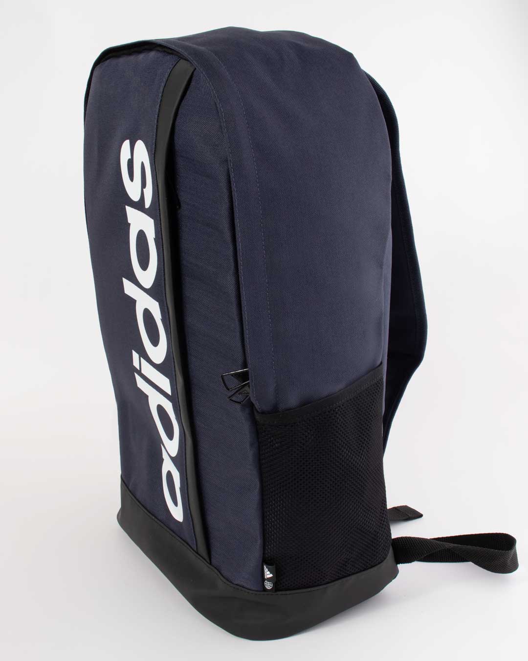 side angled shot of adidas backpack in blue with adidas logo in white across front