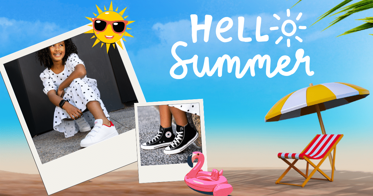 a blue beach background with Copy that says Hello Summer, the O in the Hello is in the shape of a sun. There are 2 photos displayed in a collage style;a young girl in a white and black polka dot dres wearing white sneakers and another photo with Black Converse All Star sneakers. There are